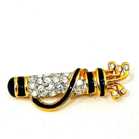 Vintage Gold Tone Small Golf Bag Brooch Pin - Enameled w/Crystals - Picture 2 of 4